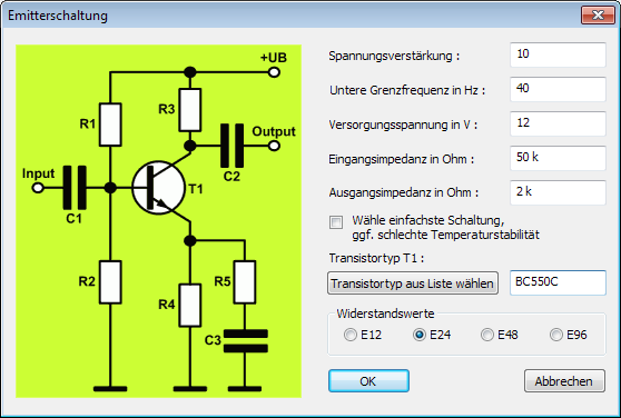 Parametereingabe für die Emitterschaltung