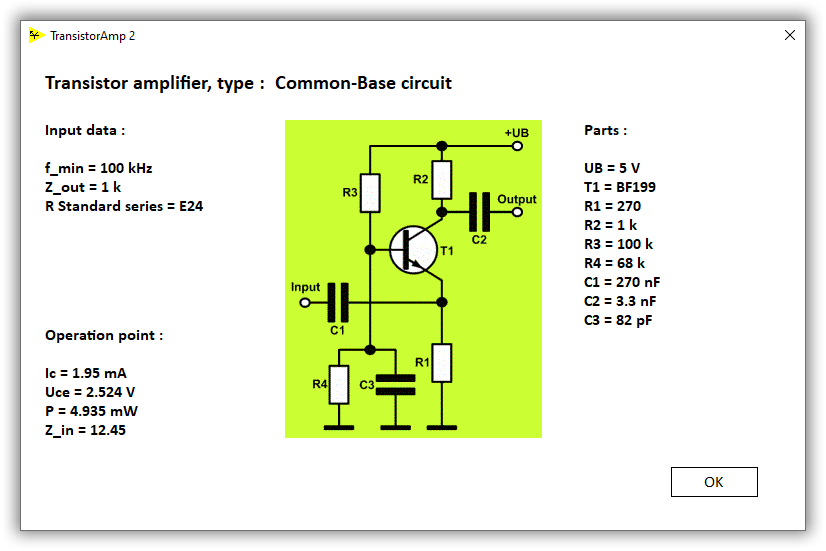design result of your new transistor amplifier in common-base configuration